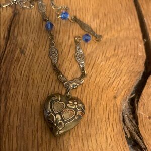 SADIE GREEN REPOUSEE HEART LOCKET ART NOUVEAU VICTORIAN EDWARDIAN BLUE BEADS